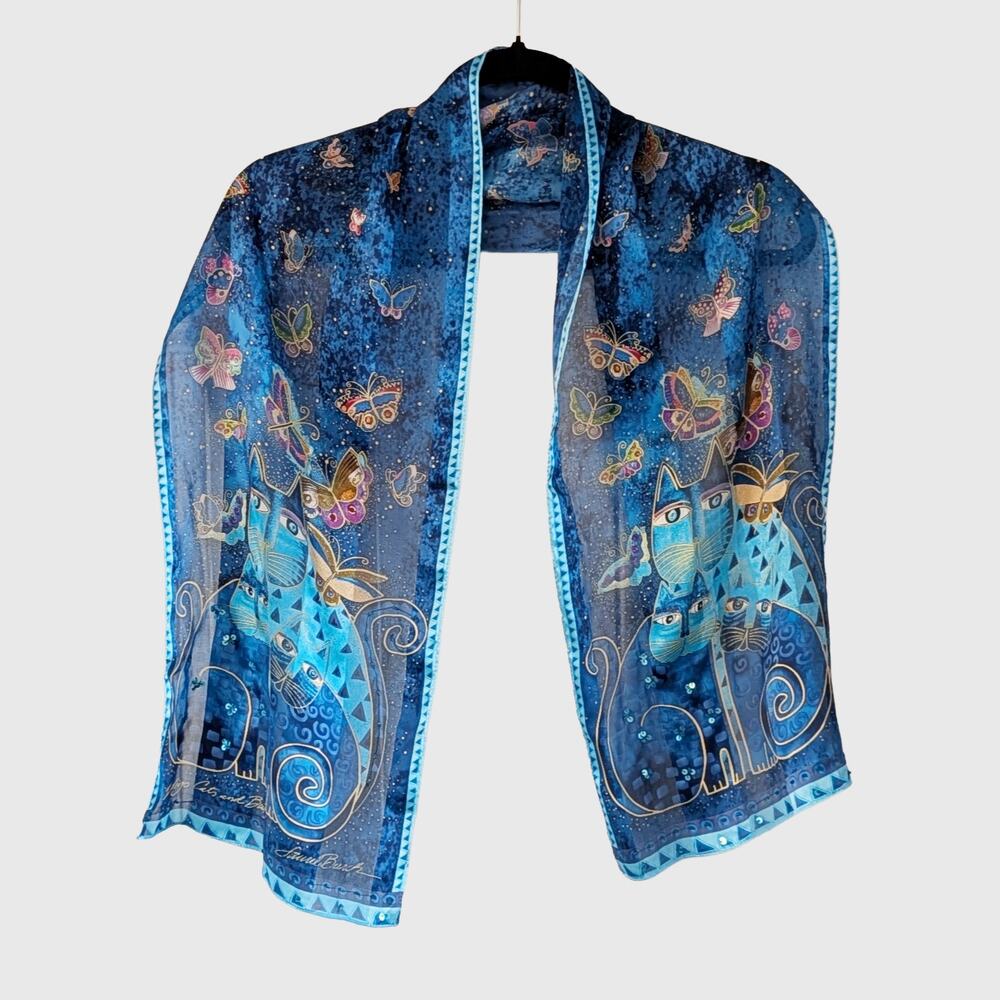Laurel Burch Indigo Cats & Butterflies Scarf Blue Beaded Sequin Art